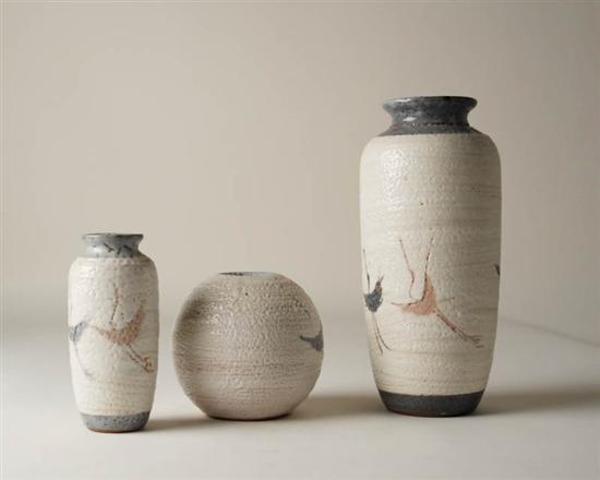 Appraisal: Set of Three Modernist Japanese-style Bird in Flight Pottery Vases