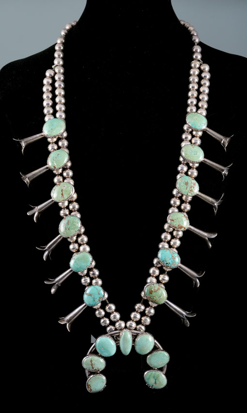 Appraisal: NATIVE AMERICAN SQUASH BLOSSOM NECKLACE Silver and turquoise unsigned ''