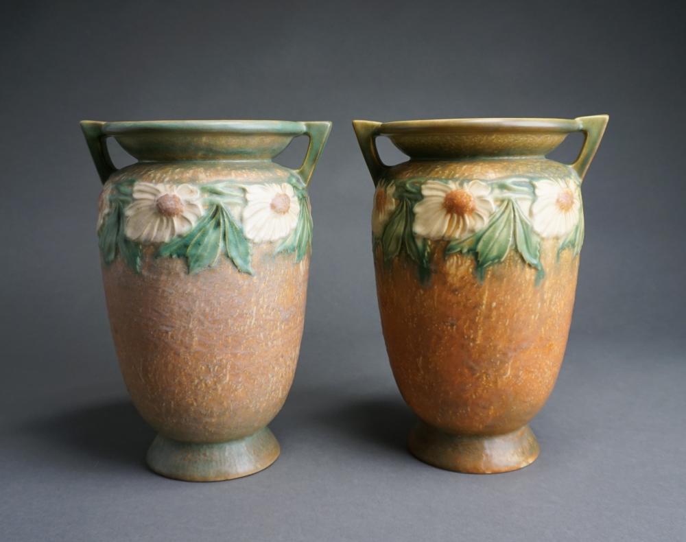 Appraisal: PAIR ROSEVILLE POTTERY DAHLROSE GLAZED TWO-HANDLE VASES H IN CM