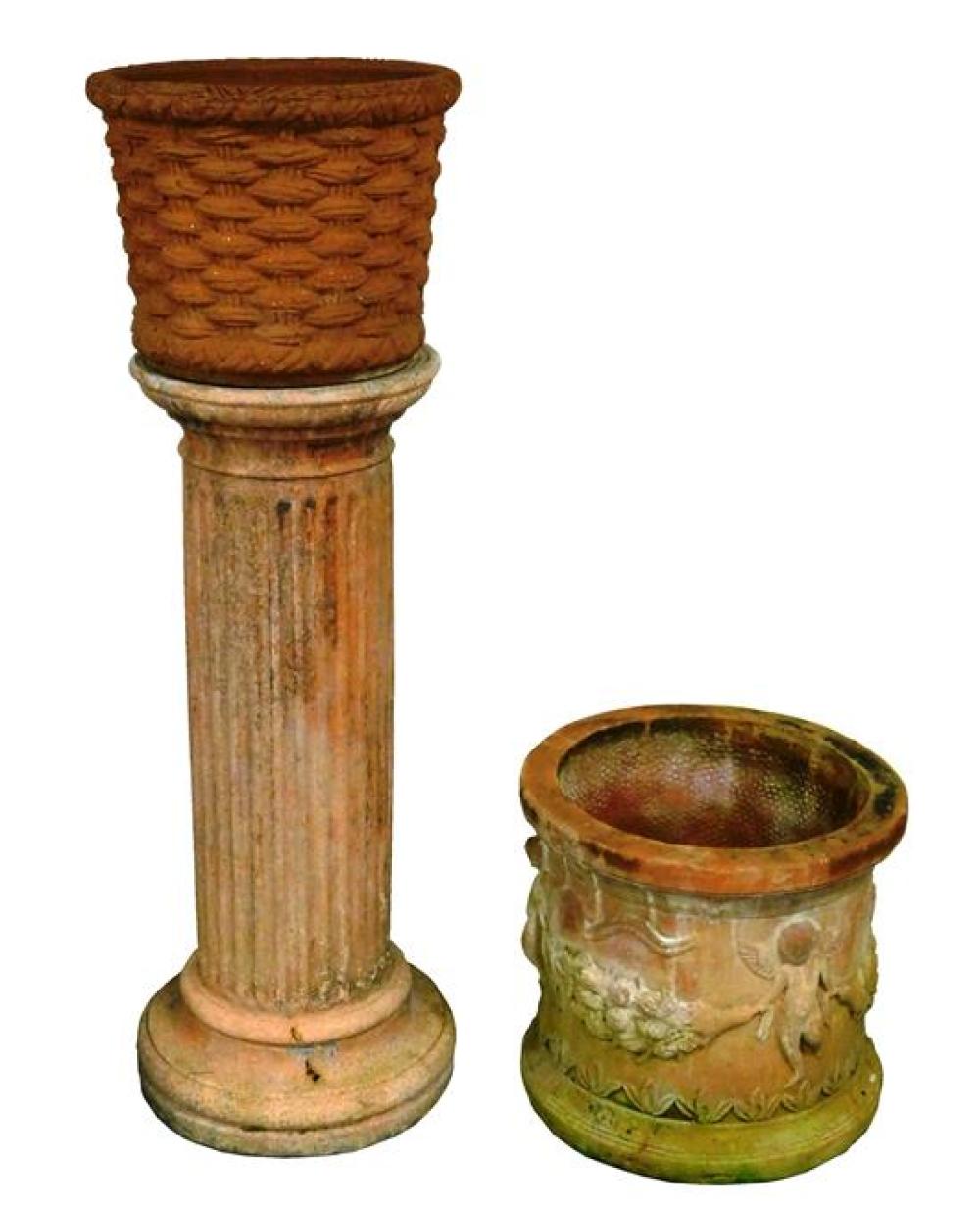 Appraisal: GARDEN Terracotta-style color pillar with two planters details include red-clay