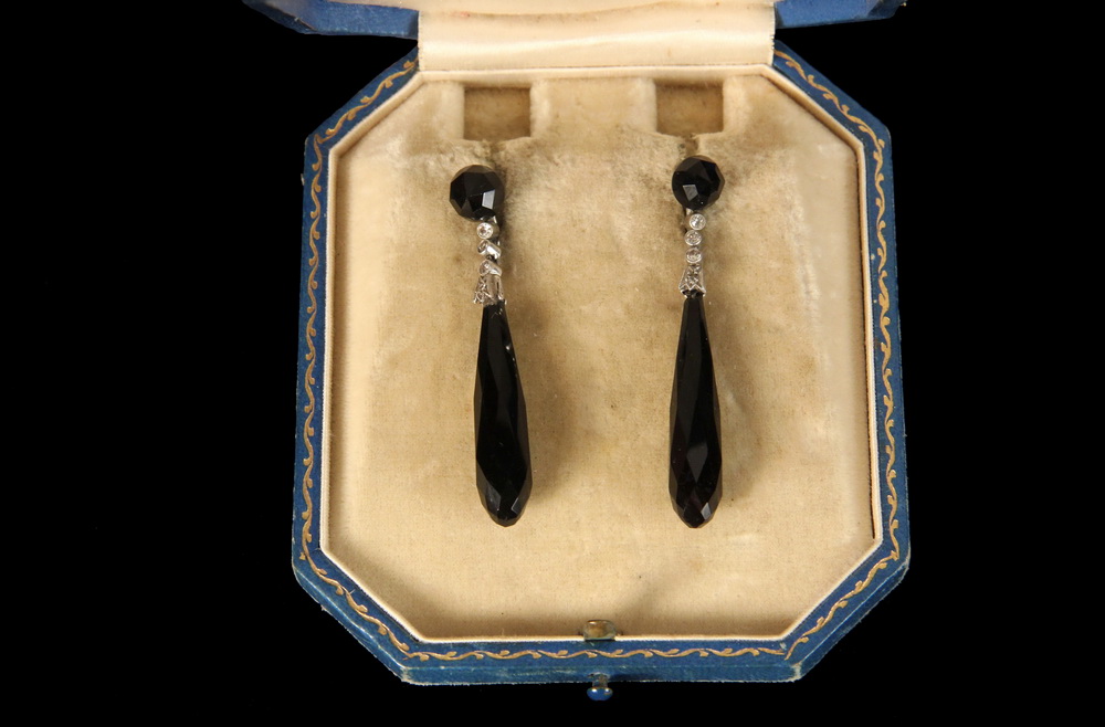 Appraisal: EARRINGS - Pair of Antique White Gold Onyx and Diamond