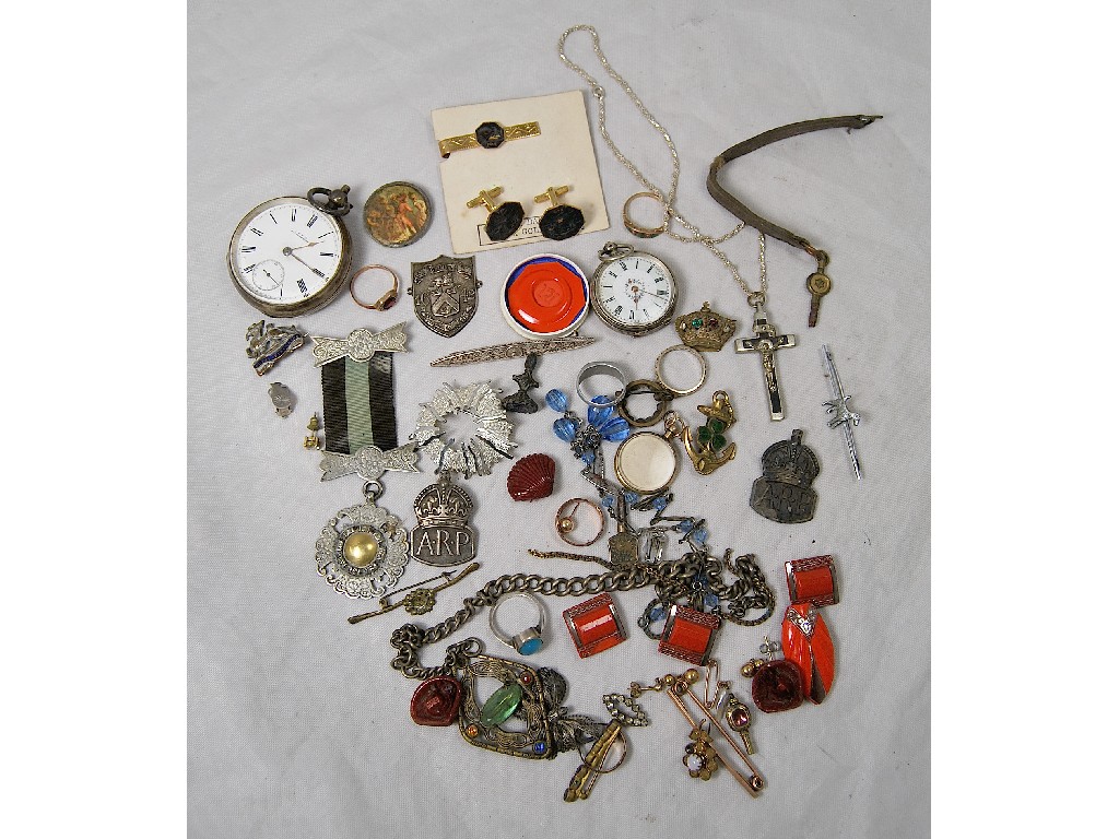 Appraisal: Small quantity of jewellery badges watches including ct tie pin