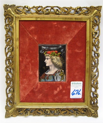 Appraisal: MINIATURE FRENCH ENAMELED PORTRAIT depicting Joan of Arc convex form