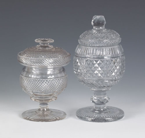 Appraisal: Two Anglo-Irish colorless glass covered bowls ca h and h