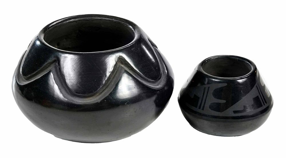 Appraisal: Two Signed Blue Corn Blackware Pots San Ildefonso - the