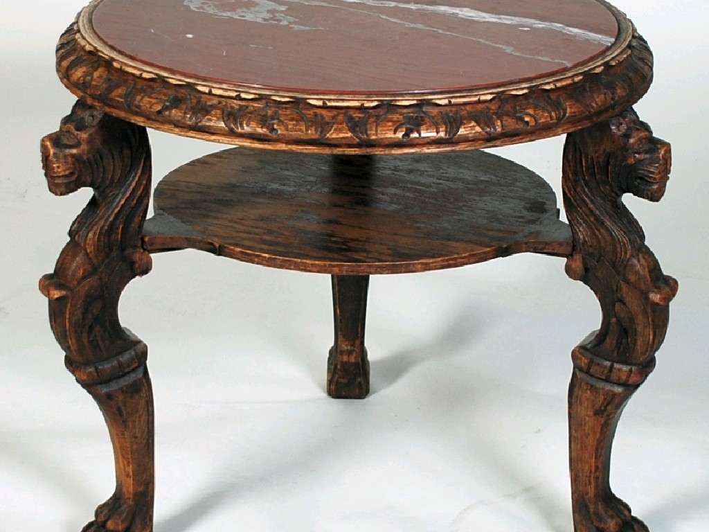 Appraisal: CARVED OAK AND MARBLE OCCASIONAL TABLE the circular top with