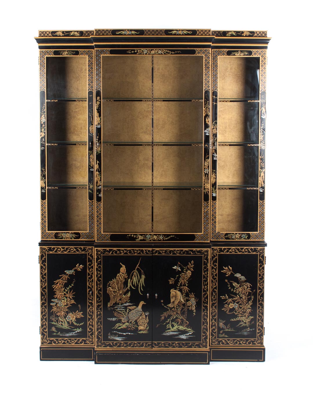 Appraisal: Chinese style ebonized wood breakfront th century flat molded cornice