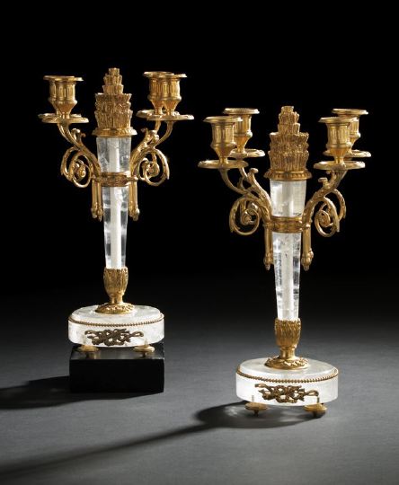 Appraisal: Pair of French Gilt-Brass-Mounted Rock Crystal Quiver Four-Light Candelabra in