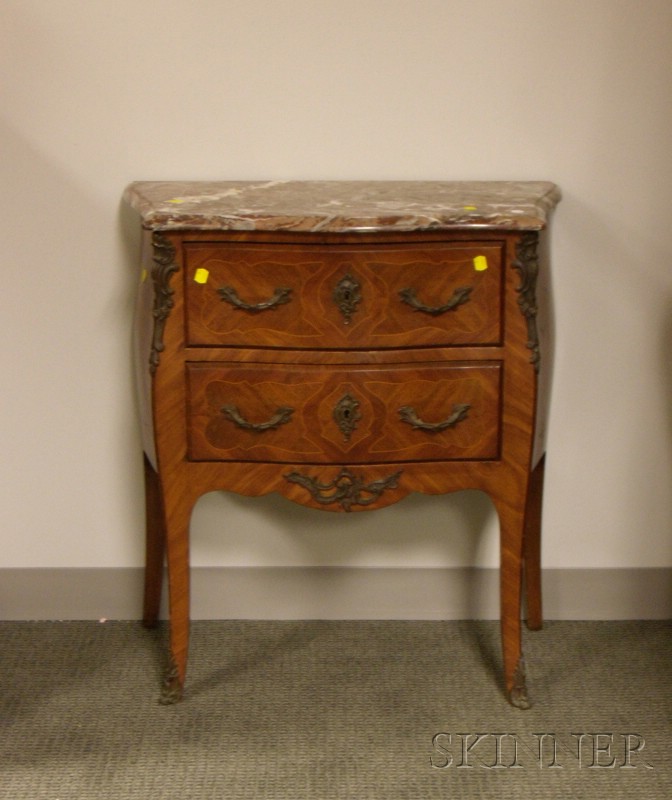 Appraisal: Diminutive Louis XV Style Marble-top Inlaid and Veneered Swell-front Commode