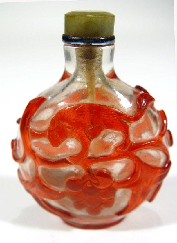 Appraisal: Chinese overlay glass scent bottle with red squirrel and grapevine