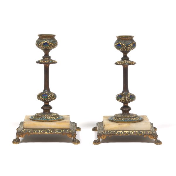 Appraisal: FRENCH PAIR OF ORMOLU ALABASTER AND CHAMPLEV CHAMBER CANDLESTICKS CA