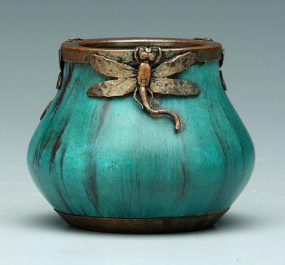 Appraisal: Pottery vase with dragonfly mounts matte glaze rim with four