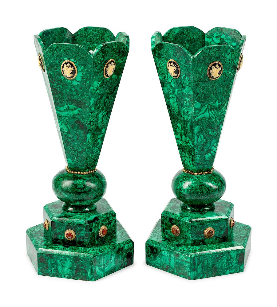 Appraisal: A Pair of 'Jeweled' Malachite Hexagonal Vases A Pair of