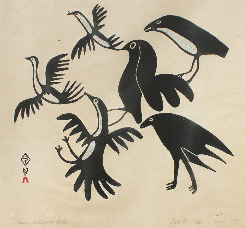 Appraisal: QINNUAYUAK Lucy American - ''Raven's Disturbing Ducks'' Stone Cut Sight