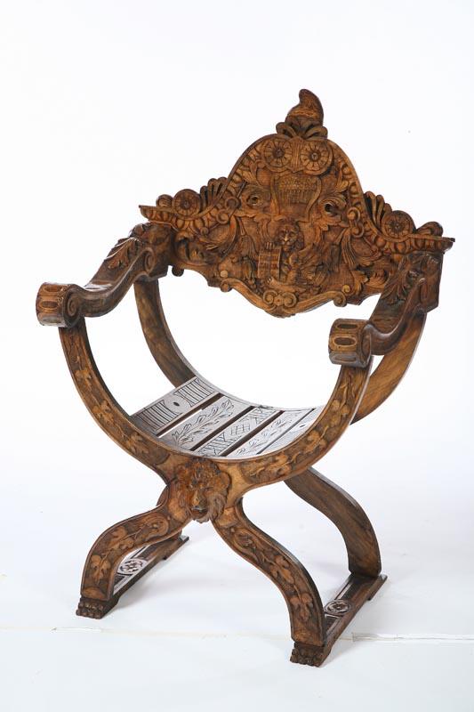 Appraisal: SAVARANOLA-STYLE ARMCHAIR Probably European late th century walnut Ornately carved