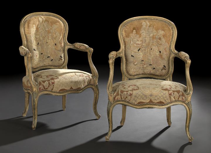 Appraisal: Pair of Louis XV-Style Polychromed Fauteuils third quarter th century