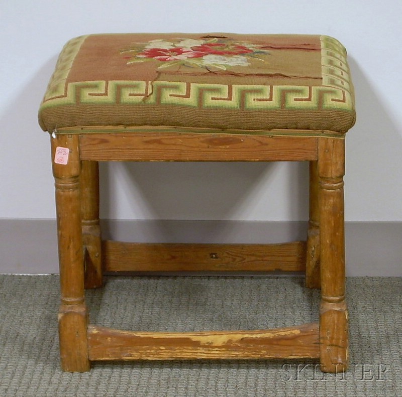 Appraisal: Needlepoint Upholstered th Century Pine Stool ht wd in