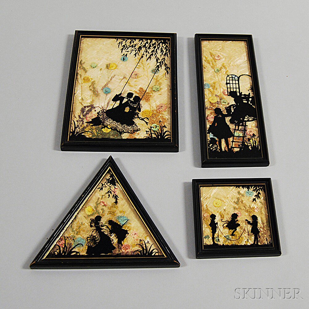 Appraisal: Four Framed Reverse-painted Silhouettes three depicting courting scenes and one