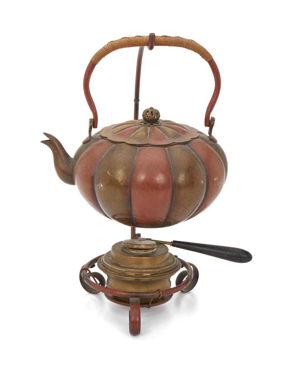 Appraisal: A Japanese metal teapot and burner th Century The pumpkin-form