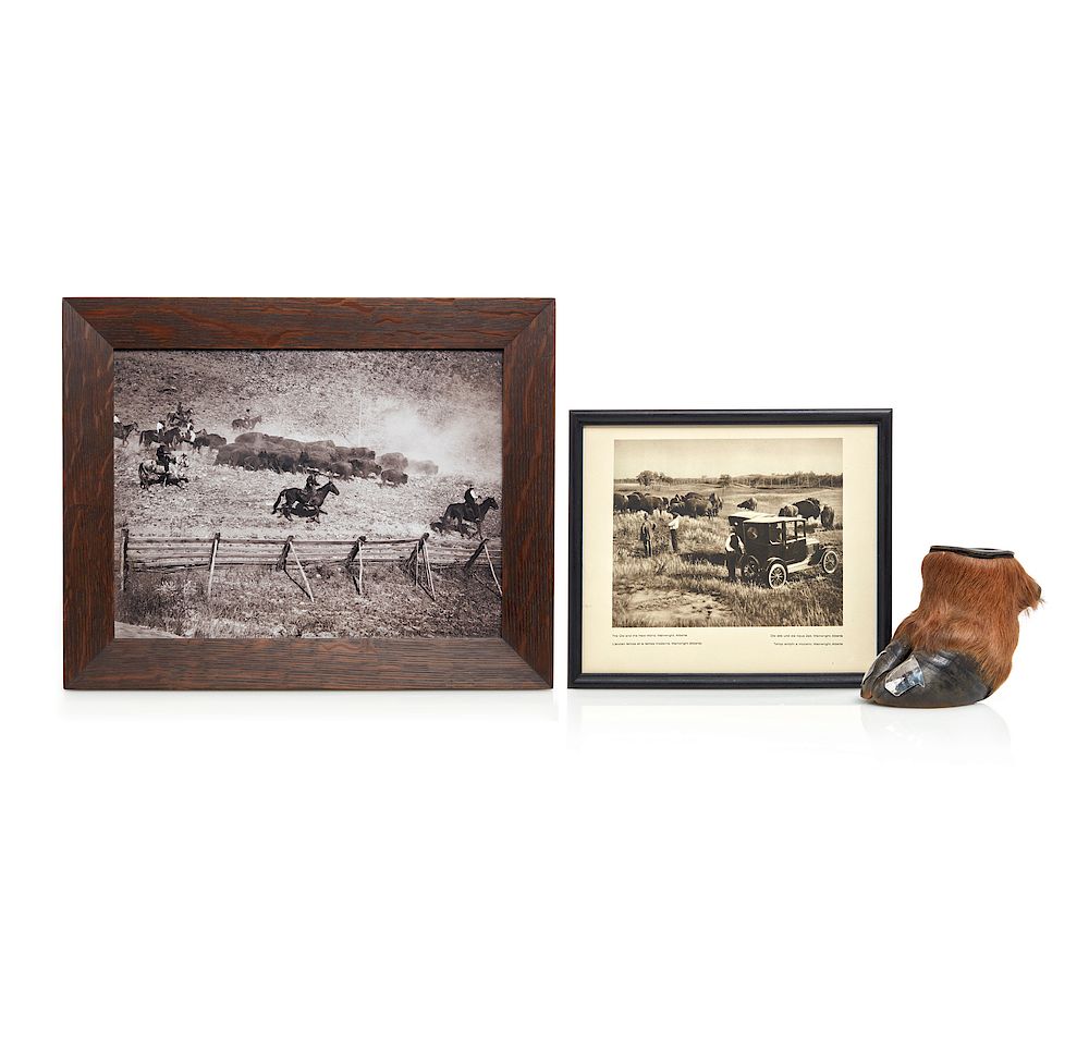 Appraisal: Presentation Buffalo Hoof with Photograph Taxidermied buffalo hoof trophy Silver