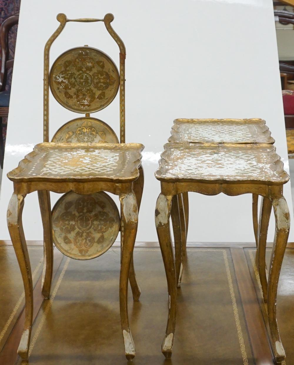 Appraisal: Three Italian Florentine Decorated Tables and Folding Three-Tier Etagere