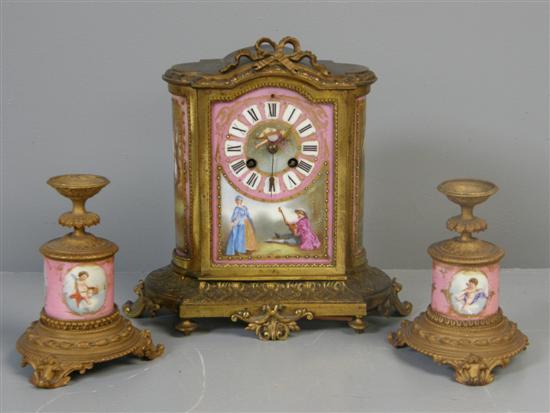 Appraisal: th century French porcelain and gilt metal clock garniture the