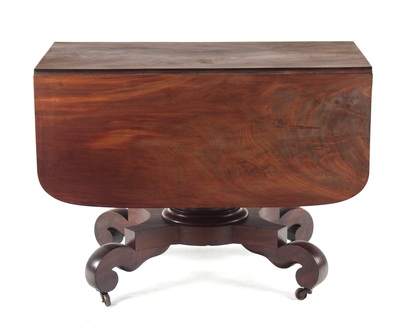 Appraisal: American Restoration mahogany drop leaf table circa column support quadriform