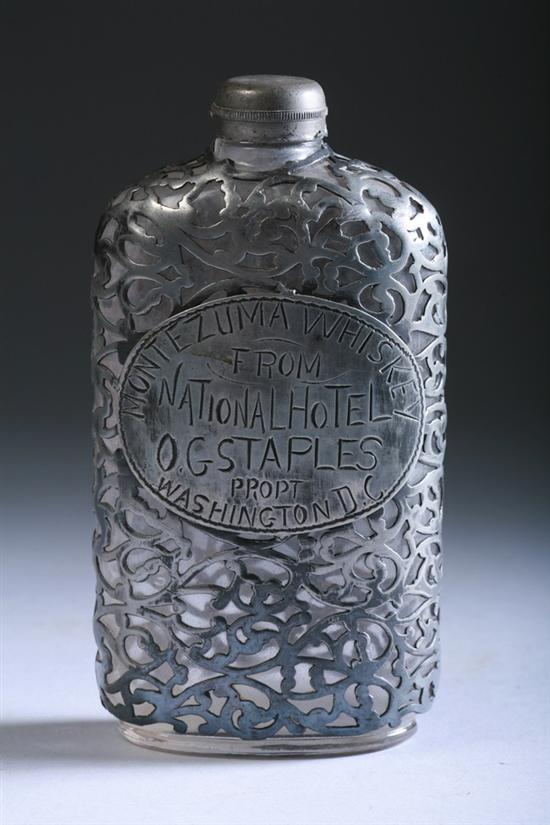 Appraisal: SILVER-OVERLAY WHISKEY FLASK FROM THE NATIONAL HOTEL WASHINGTON DC Inscribed