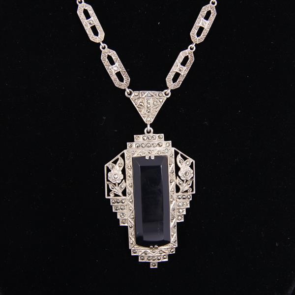 Appraisal: Art Deco Sterling Silver Marcasite Necklace with Onyx Pendant