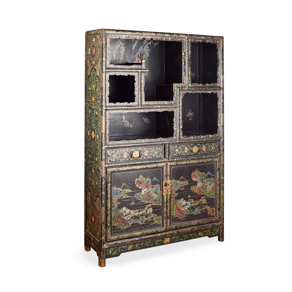 Appraisal: BLACK LACQUER GILT-AND-POLYCHROME-DECORATED DISPLAY CABINET LATE QING DYNASTY-REPUBLIC PERIOD TH-