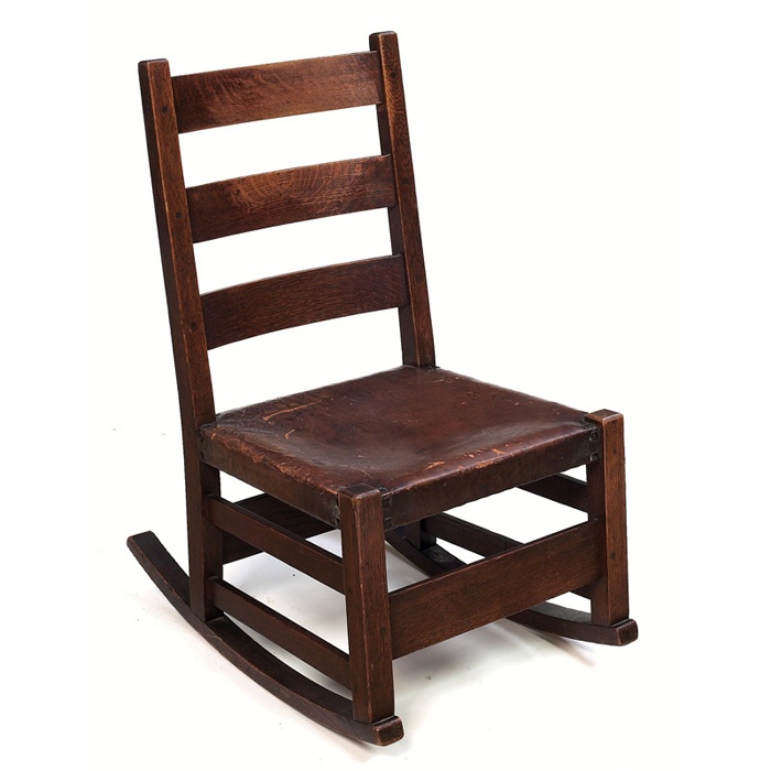 Appraisal: Gustav Stickley sewing rocker three horizontal slats to back over