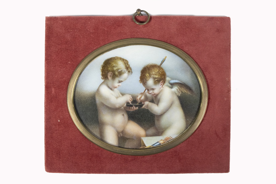 Appraisal: TH C MINIATURE ON IVORY OF TWO CUPIDS Classical Theme