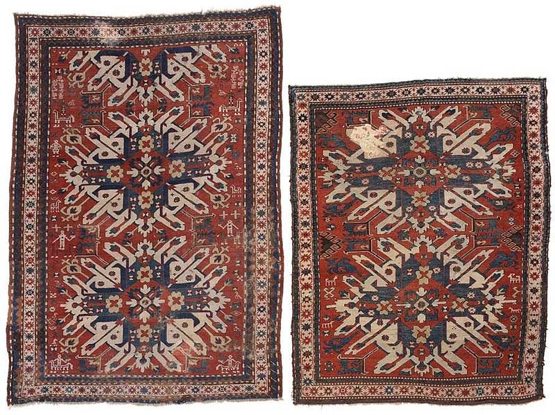 Appraisal: Two Similar Sunburst Kazak Rugs early th century red field