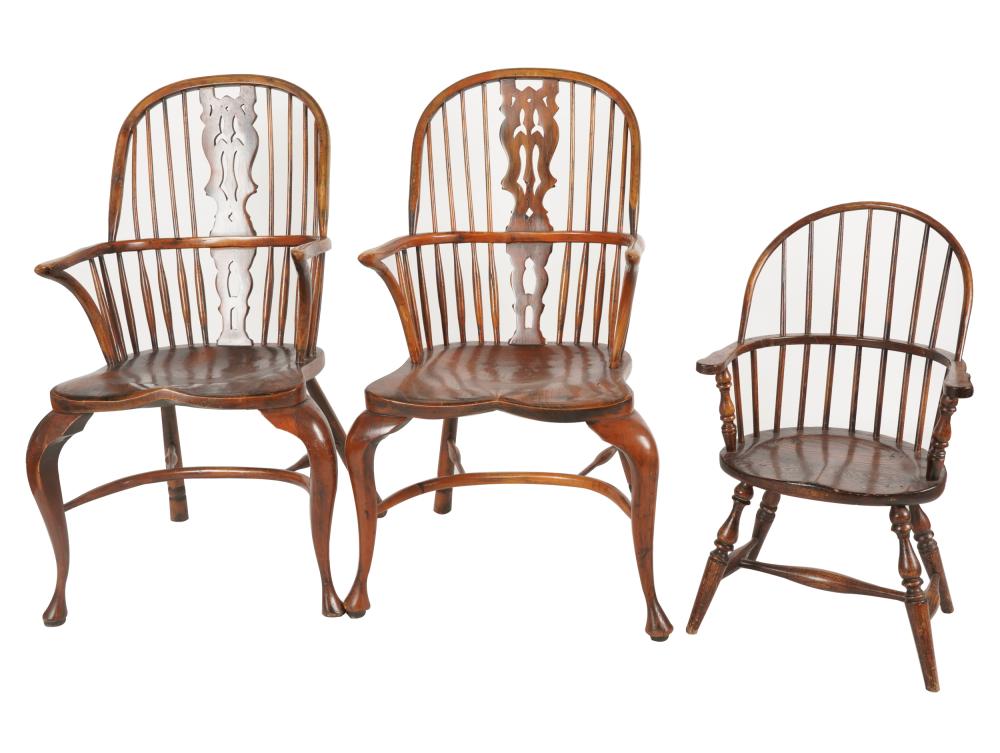 Appraisal: THREE WINDSOR ARMCHAIRScomprising two with pierced splat each inches wide