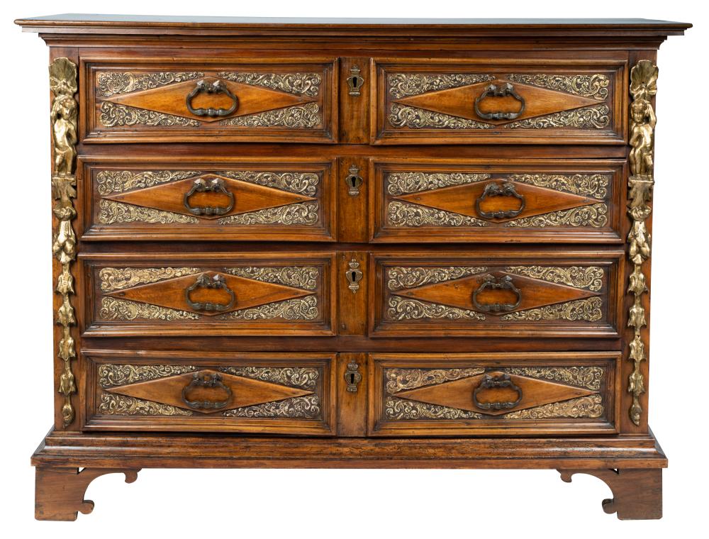 Appraisal: ITALIAN RENAISSANCE STYLE WALNUT COMMODEwith gilt highlights having four full-width