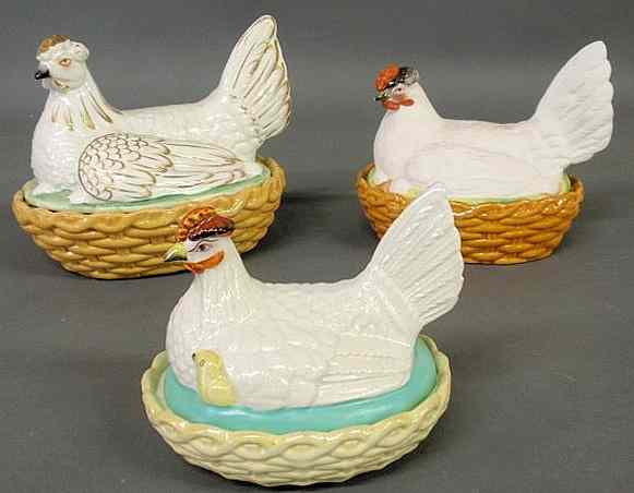 Appraisal: Three th c Staffordshire hens-on-nests h x l