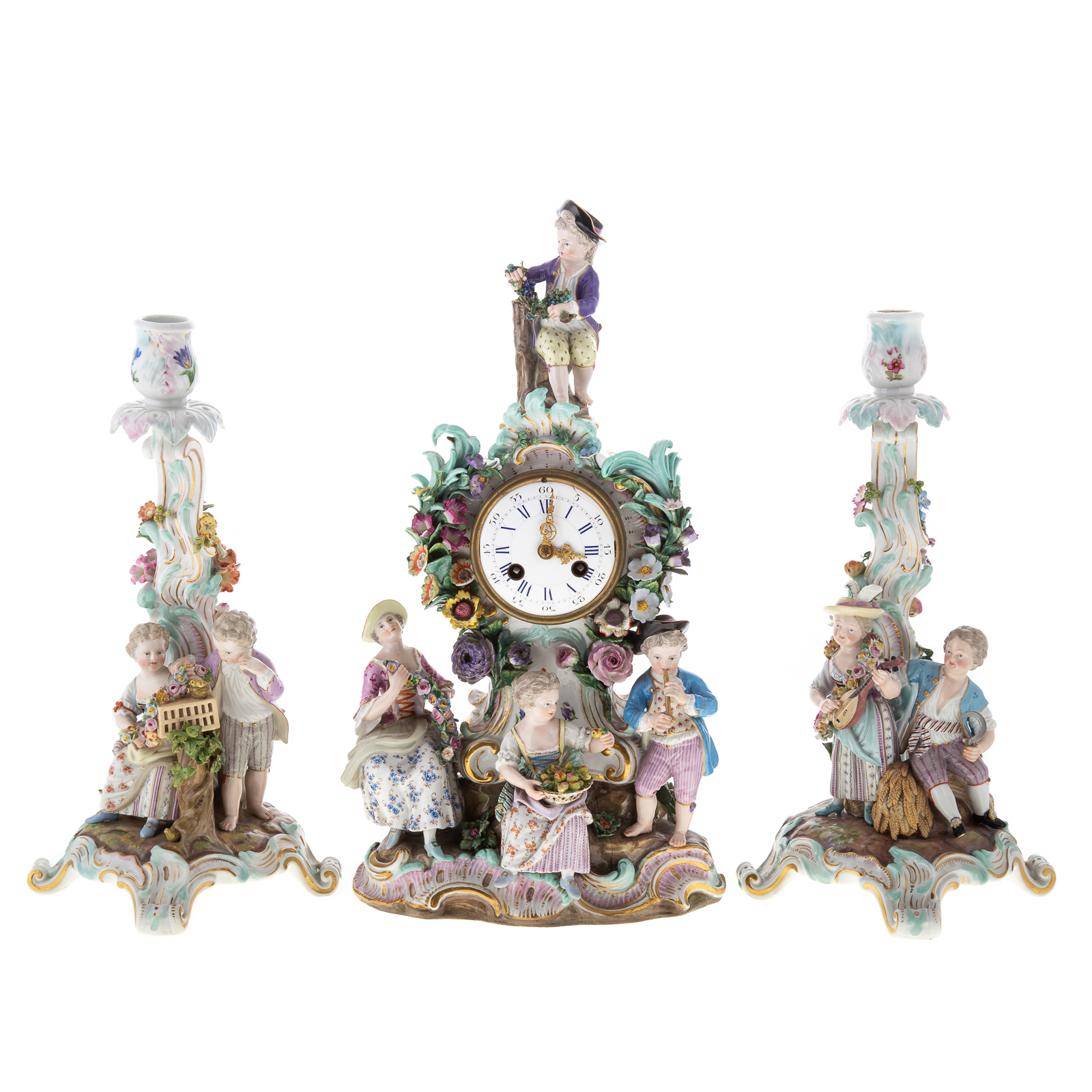 Appraisal: MEISSEN PORCELAIN CLOCK GARNITURE Late th early th century three