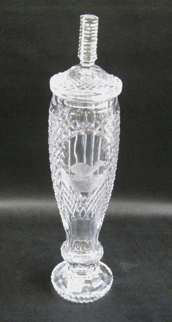 Appraisal: WATERFORD CRYSTAL LIDDED TROPHY with an etched greyhound reading Murray