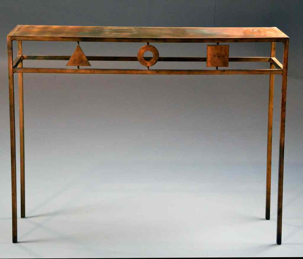 Appraisal: Machine-age Steel Table with Copper FinishContemporary rectangular hall table with