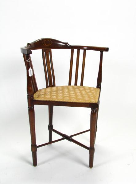 Appraisal: Sheraton-style mahogany corner chair with inlaid decoration