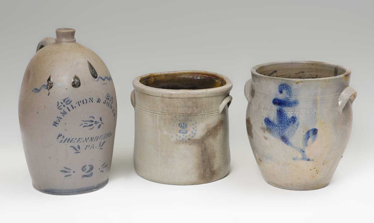 Appraisal: STONEWARE CROCK JUGS HAMILTON JONES ETC pieces of American cobalt