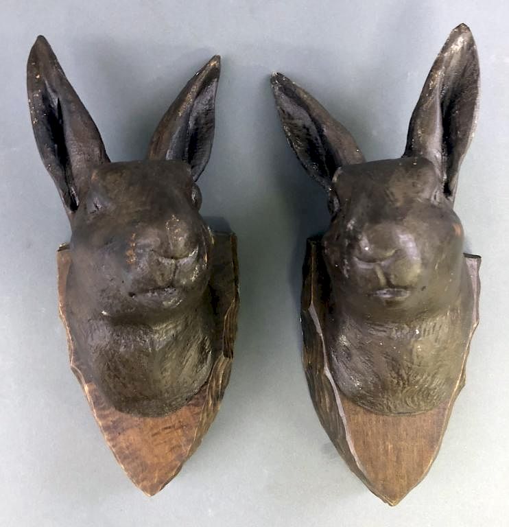 Appraisal: Two Wood Carved Rabbit Heads Two similar wood carved rabbit