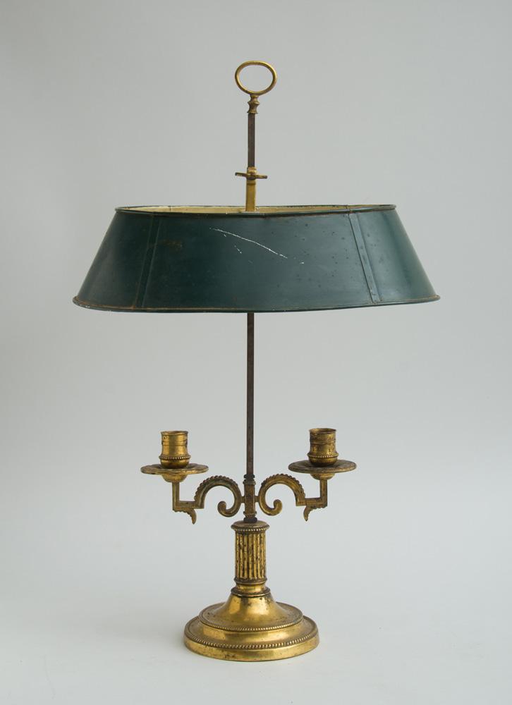 Appraisal: LOUIS XVI ORMOLU TWO-LIGHT BOUILLOTTE LAMP The retractable oval t