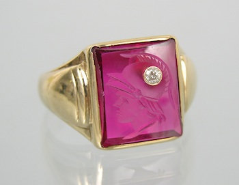 Appraisal: A Gentleman's Sapphire Intaglio and Diamond Ring Unmarked yellow gold