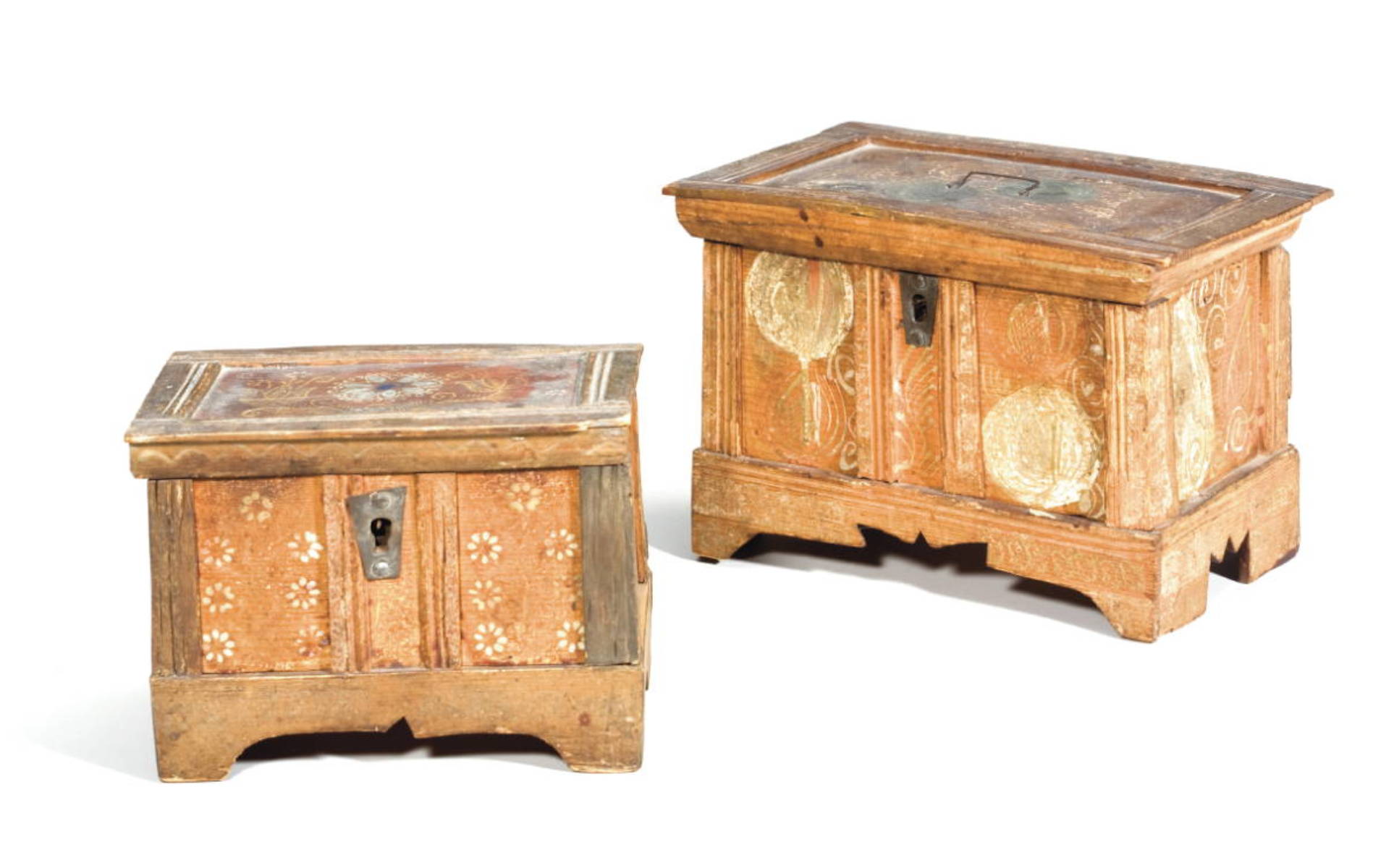 Appraisal: TWO SIMILAR MINIATURE PAINT DECORATED PINE BOXES IN THE FORM