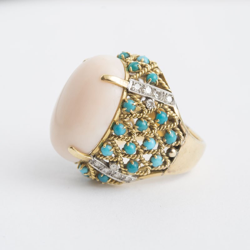 Appraisal: K GOLD CORAL TURQUOISE AND DIAMOND RING Stamped ' '