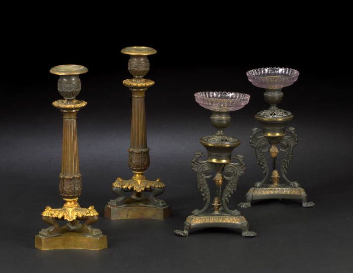 Appraisal: Pair of Restauration Gilt-Lacquered and Patinated Bronze Candlesticks second quarter