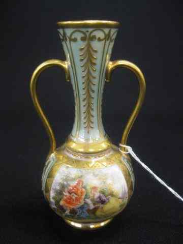 Appraisal: Dresden Porcelain Bud Vase handpainted courting scenes elaborate gold work