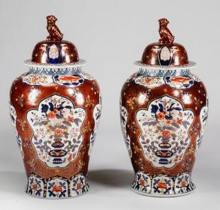 Appraisal: Pair of large Japanese Imari style lidded jars h Monumental