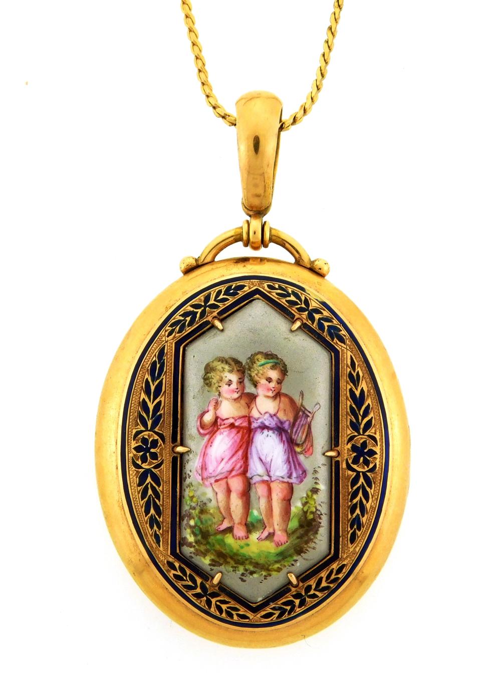 Appraisal: JEWELRY K MINIATURE PAINTED OVAL LOCKET HINGED FRONT AND BAIL